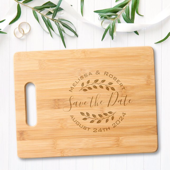 Leaves Wreath Modern Wedding Save the Date Engraved Cutting Board (Creator Uploaded)