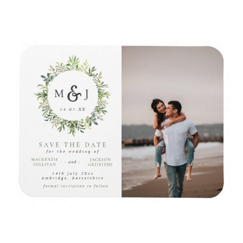 Leaves Wreath Monogram Wedding Photo Save the Date Magnet
