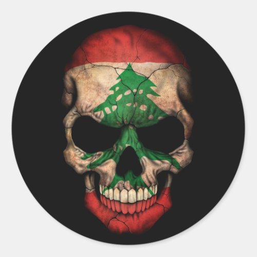 Lebanese Flag Skull on Black Classic Round Sticker