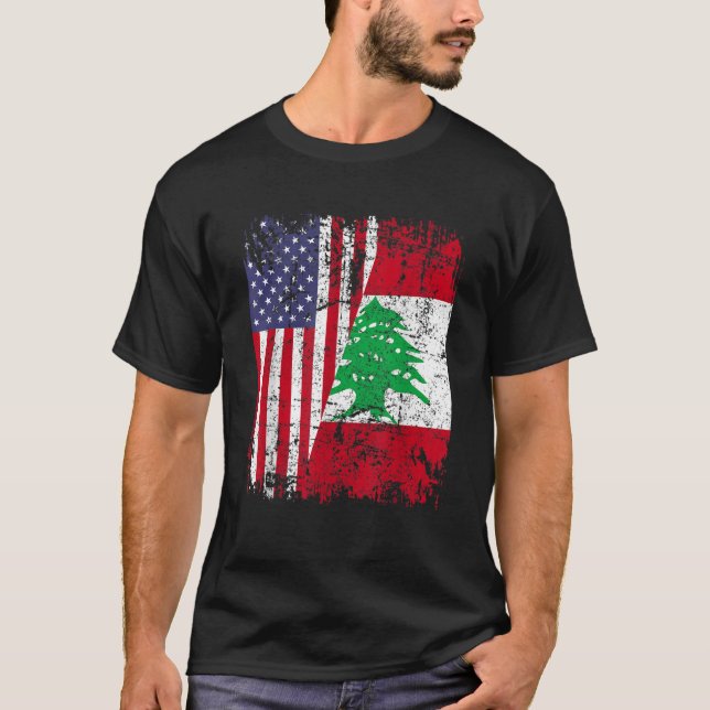 LEBANESE ROOTS Half American Flag LEBANON T-Shirt (Front)