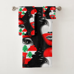 Lebanon Flag and Map on girl's face Bath Towel Set