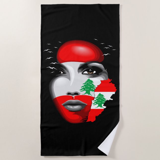Lebanon Flag and Map on girl's face Beach Towel (Front)