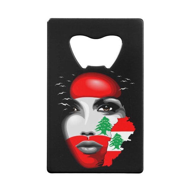 Lebanon Flag and Map on girl's face Credit Card Bottle Opener (Front)