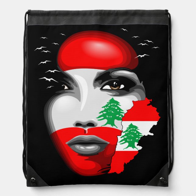 Lebanon Flag and Map on girl's face Drawstring Bag (Front)