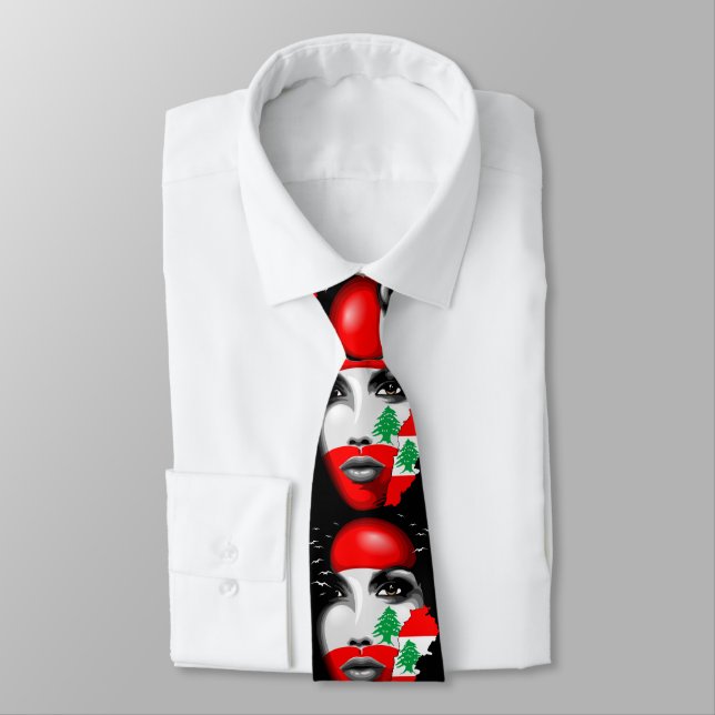 Lebanon Flag and Map on girl's face Neck Tie (Tied)