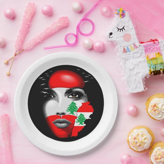 Lebanon Flag and Map on girl's face Paper Plates (Party)