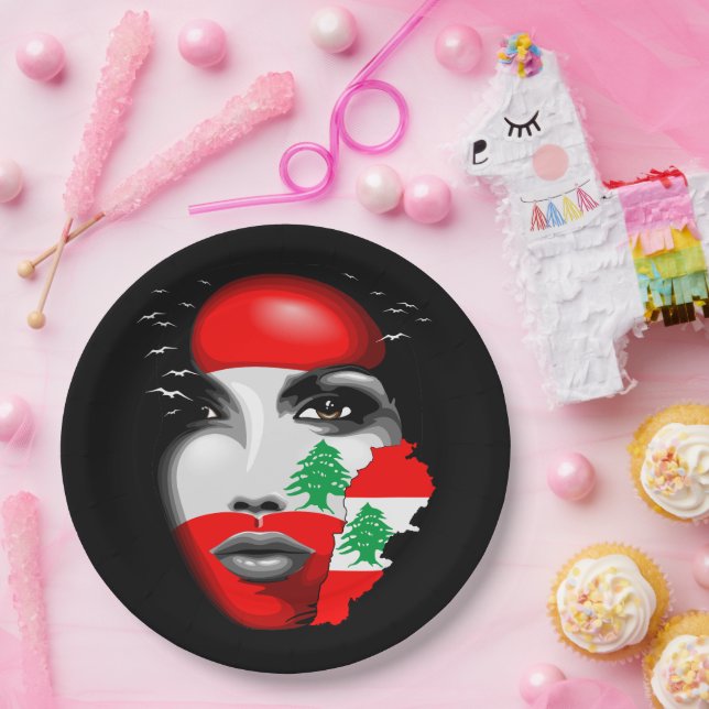 Lebanon Flag and Map on girl's face Paper Plates (Party)