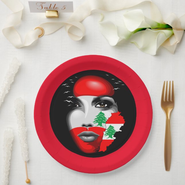 Lebanon Flag and Map on girl's face Paper Plates (Wedding)