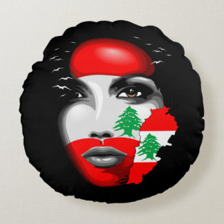 Lebanon Flag and Map on girl's face Round Pillow