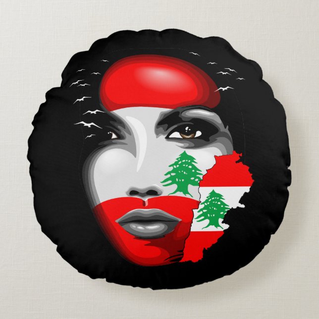 Lebanon Flag and Map on girl's face Round Pillow (Front)