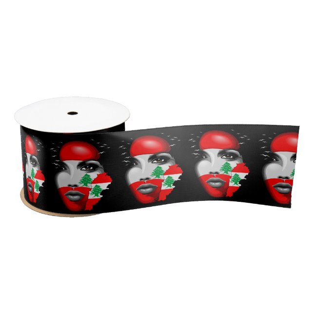 Lebanon Flag and Map on girl's face Satin Ribbon (Spool)