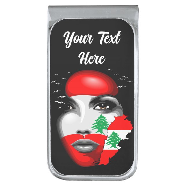 Lebanon Flag and Map on girl's face Silver Finish Money Clip (Front Vertical)