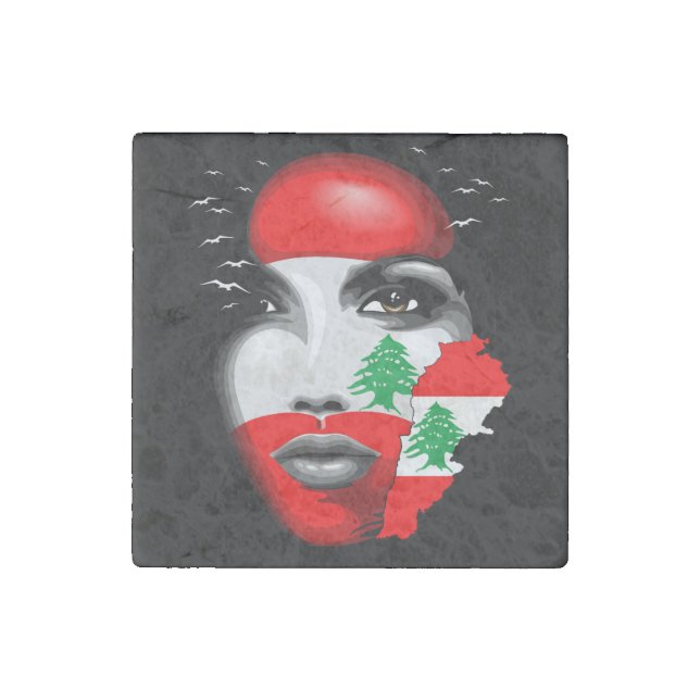 Lebanon Flag and Map on girl's face Stone Magnet (Front)