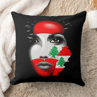 Lebanon Flag and Map on girl's face Throw Pillow