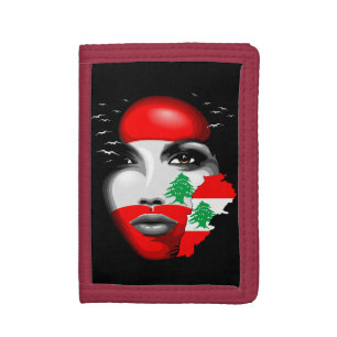 Lebanon Flag and Map on girl's face Tri-fold Wallet