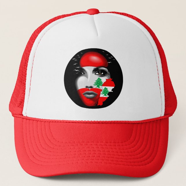 Lebanon Flag and Map on girl's face Trucker Hat (Front)