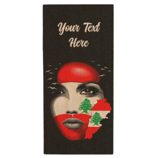 Lebanon Flag and Map on girl's face Wood Flash Drive