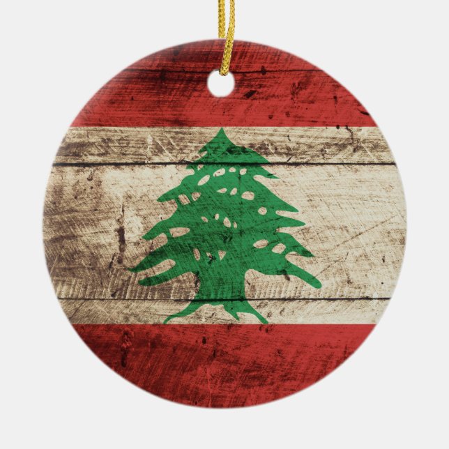 Lebanon Flag on Old Wood Grain Ceramic Ornament (Front)
