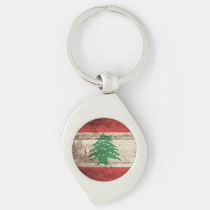 Lebanon Flag on Old Wood Grain Keychain