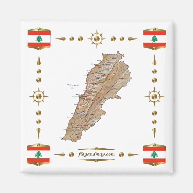 Lebanon Map + Flags Magnet (Front)