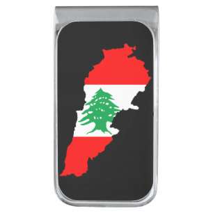 Lebanon Map with Flag Stone Magnet Silver Finish Money Clip