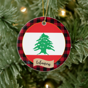 Lebanon, Red buffalo plaid & Lebanese Flag Ceramic Ornament