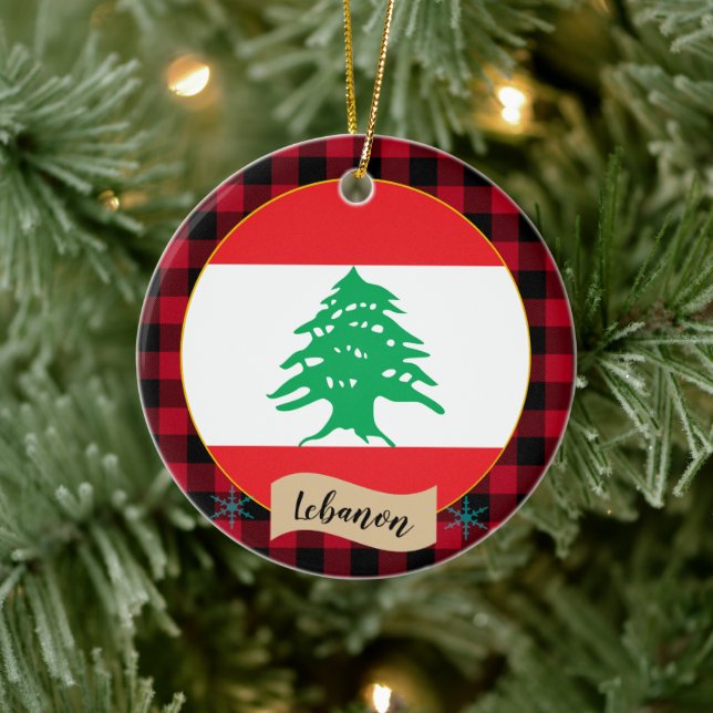 Lebanon, Red buffalo plaid & Lebanese Flag Ceramic Ornament (Tree)