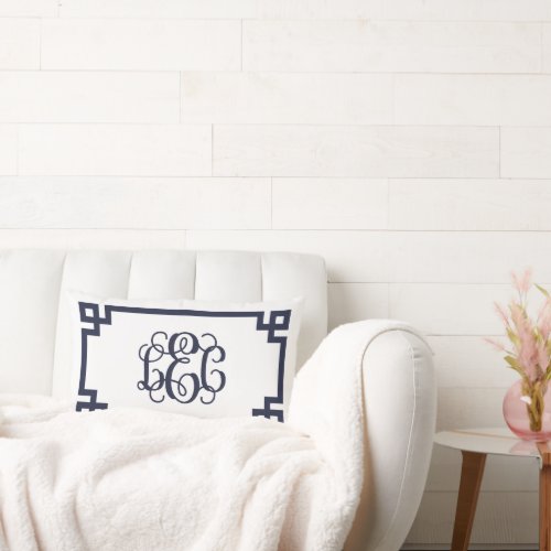 LEC Navy and White Greek Key Script Monogram Lumbar Pillow