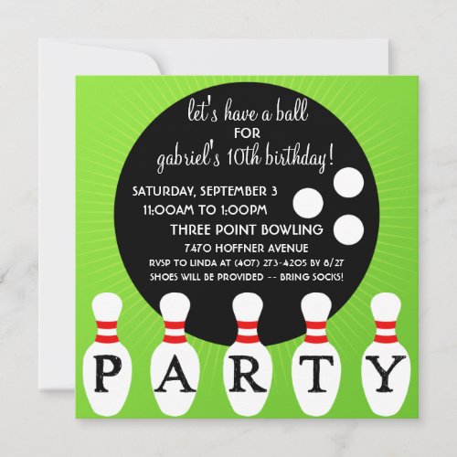 'Lectric Lime Pin Party Bowling Birthday Party Personalized Announcements