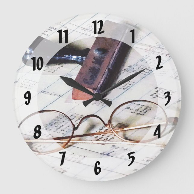Ledger With Eyeglasses and Rubber Stamp Large Clock (Front)