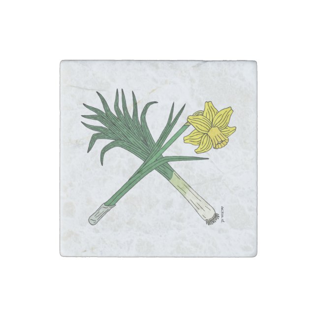 Leek and Daffodil Crossed Stone Magnet (Front)