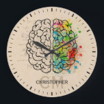 Left And Right Human Brain Personalized Large Clock<br><div class="desc">A comparison of the Left right human brain concept. Ready to be personalized. Just add your name and initials for a modern monogram. Creative part and logic part with social and business doodle sketch mathematics calculations and abstract art paint. The brain and mind psychology idea drawing illustration design. The brain...</div>