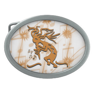 Left Facing Kokopelli Musician With Musical Notes Oval Belt Buckle