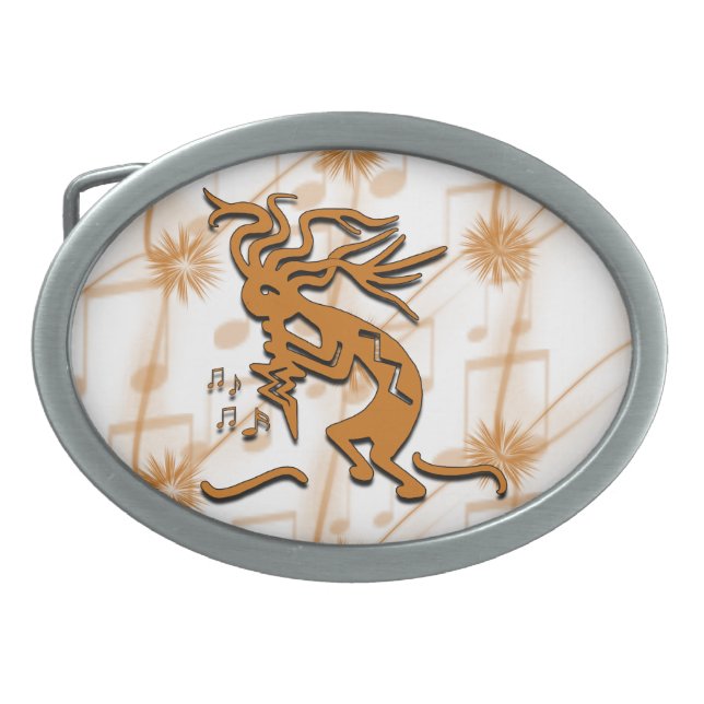 Left Facing Kokopelli Musician With Musical Notes Oval Belt Buckle (Front)
