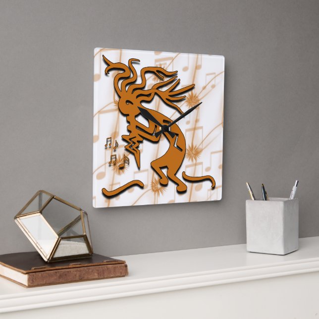 Left Facing Kokopelli With Musical Notes Square Wall Clock (Office)