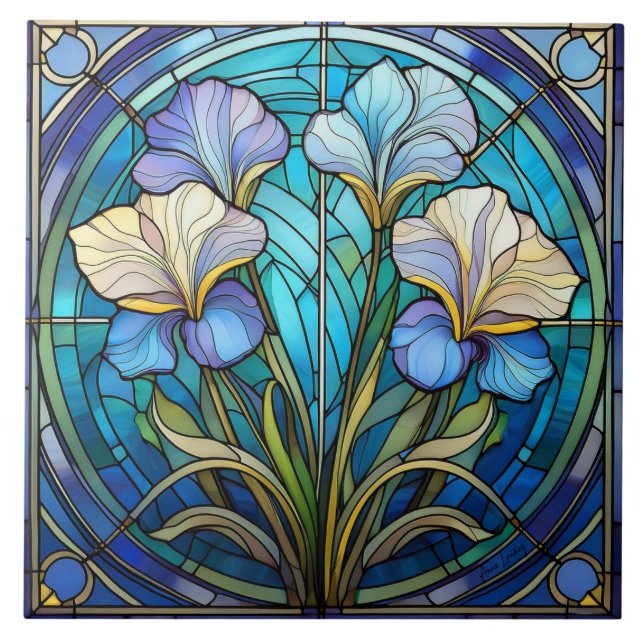 Left Floral Iris Art Nouveau Blue Green Retro Ceramic Tile (Front)
