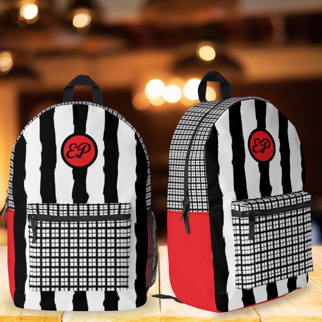 Left-Handed Gingham Stripe Monogram School  Printed Backpack (Creator Uploaded)