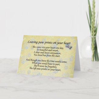 Left paw prints on heart pet loss sympathy card