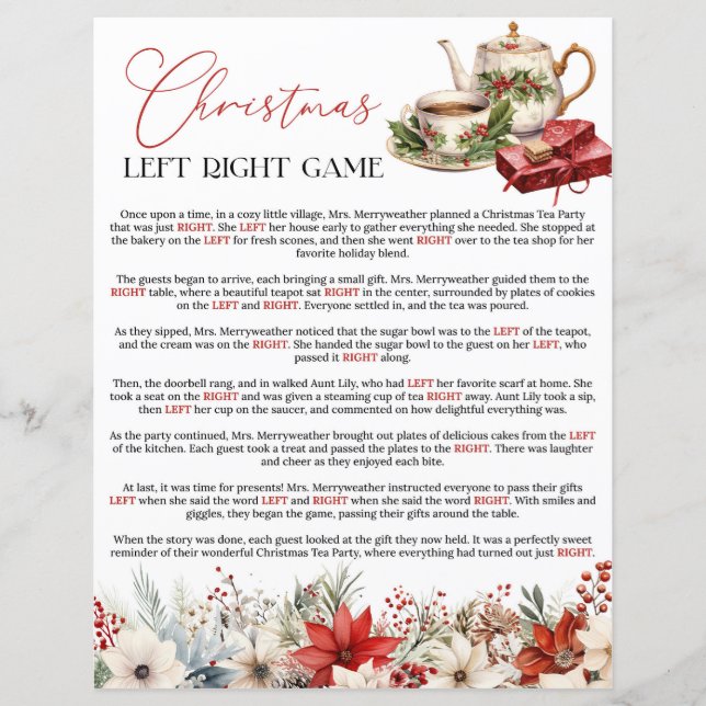 Left Right Floral Christmas Tea Party Game (Front)