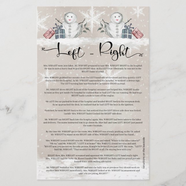 Left Right Snowman Baby Shower  (Front)