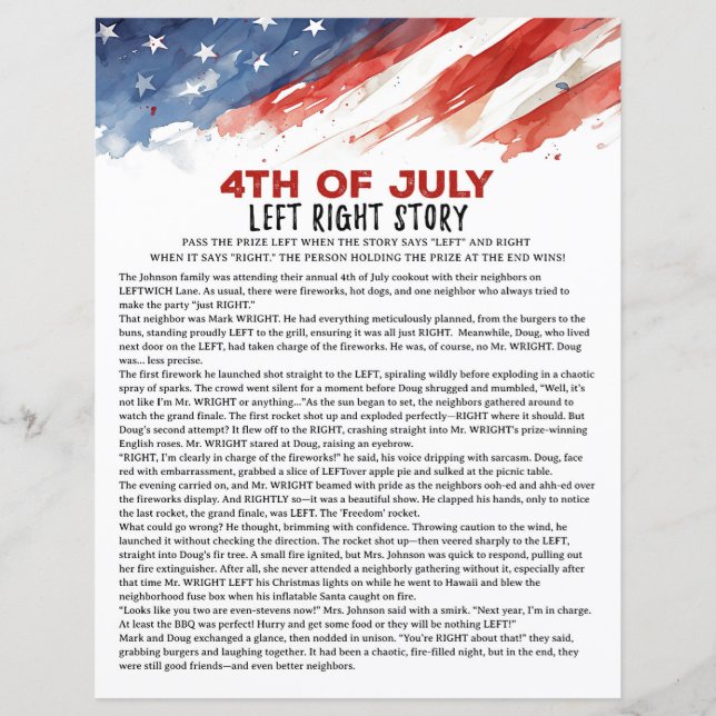 Left Right Story 4th of July Party Game (Front)