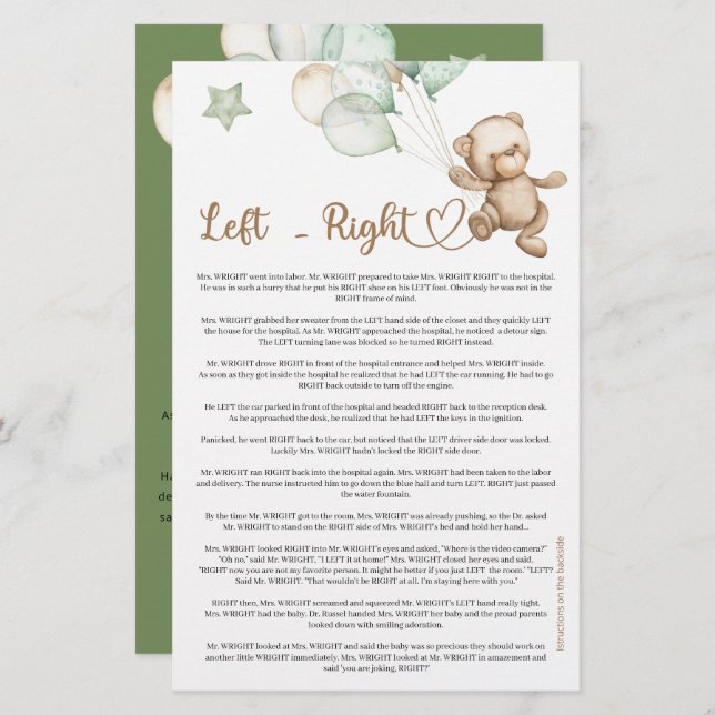 Left Right Teddy Bear Baby Shower (Front/Back)
