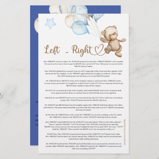 Left Right Teddy Bear Baby Shower (Front/Back)