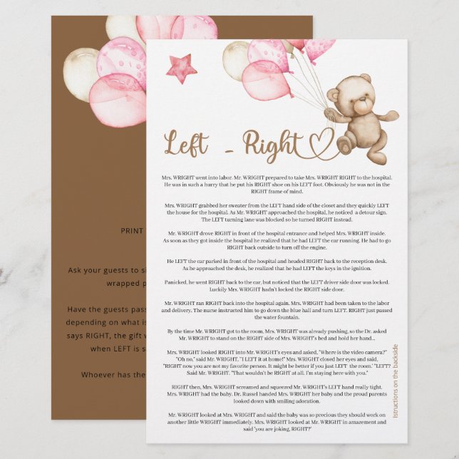 Left  Right teddy bear baby shower (Front/Back)