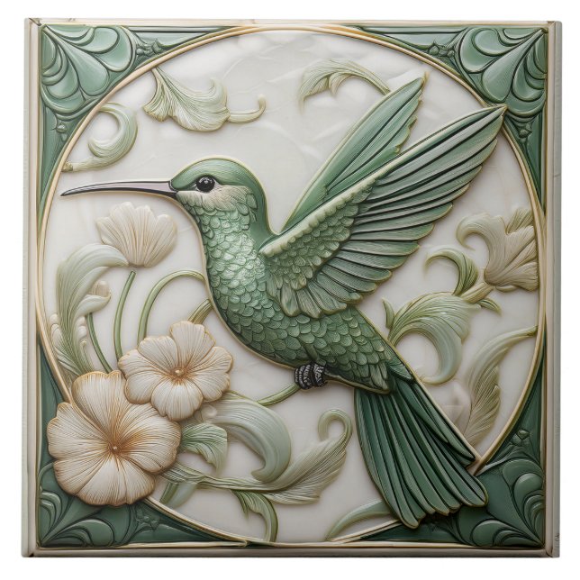 Left Sage faux relief Art Nouveau Hummingbird  Ceramic Tile (Front)