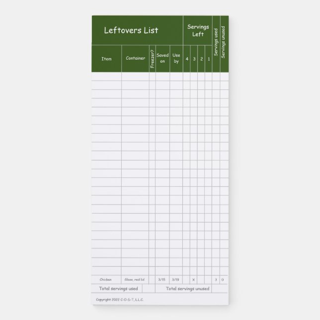 Leftovers List Magnetic Notepad (Front)