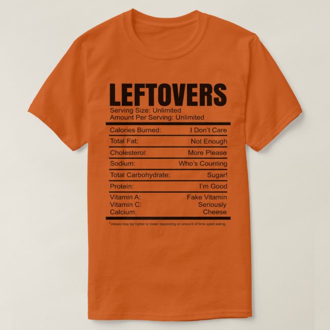 Leftovers Nutrition Facts Thanksgiving Recipe Calo T-Shirt (Design Front)