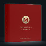Legacy Binder Red Gold Monogram<br><div class="desc">This simple yet stylish binder features a modern design with a brushed metallic gold monogram emblem on a red background. Personalize with your name or custom text of your choice using the fields provided. This binder is perfect for financial legacy planning, funeral and estate planning, family emergency documents, and more....</div>