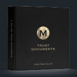 Legacy Trust Black Leather Luxury Gold Initial 3 Ring Binder<br><div class="desc">This simple yet stylish binder features a modern design with a brushed metallic gold monogram emblem on a faux black leather background. Personalize with your name or custom text of your choice using the fields provided. This binder is perfect for trust documents, financial legacy planning, funeral and estate planning, family...</div>
