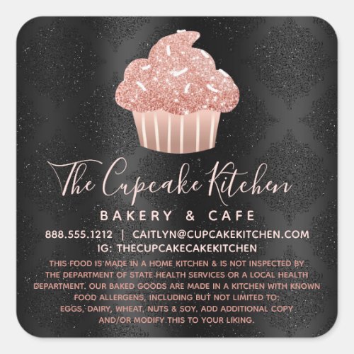 Legal Cupcake Rose Gold Glitter on Black Damask Square Sticker